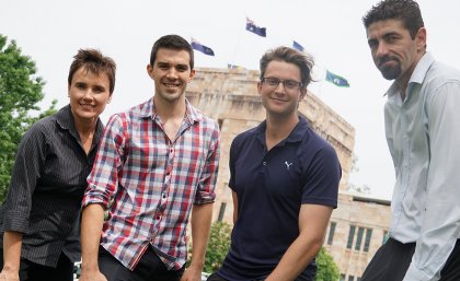 Marina Vitale of CIM Health, UQ students Trent Seth and Antoine Desrosiers, and Tim Edwards of Teys Australia Marina Vitale of CIM Health, UQ students Trent Seth and Antoine Desrosiers, and Tim Edwards of Teys Australia